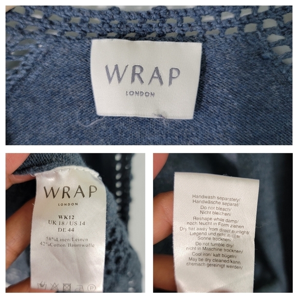 WRAP London Women's Blue Open Front Cardigan Sz 14 Linen Blend Crochet Pockets - Picture 10 of 11